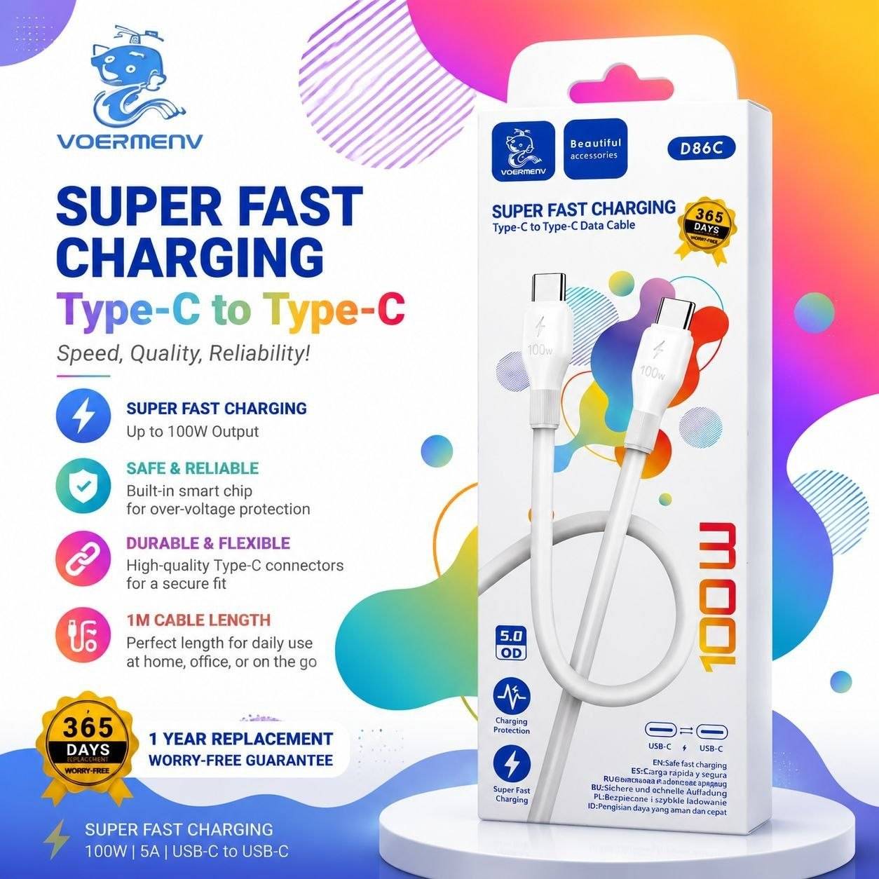 کابل شارژ اورجینال DENMEN 100W دو سر تایپ C پکدار D-86C